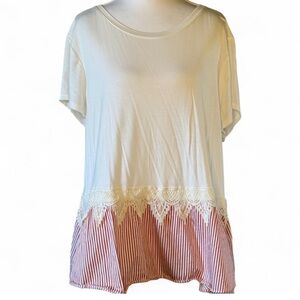 Maison Jules Lace Trim Bow Back Top XL Boho Striped Peplum Blouse